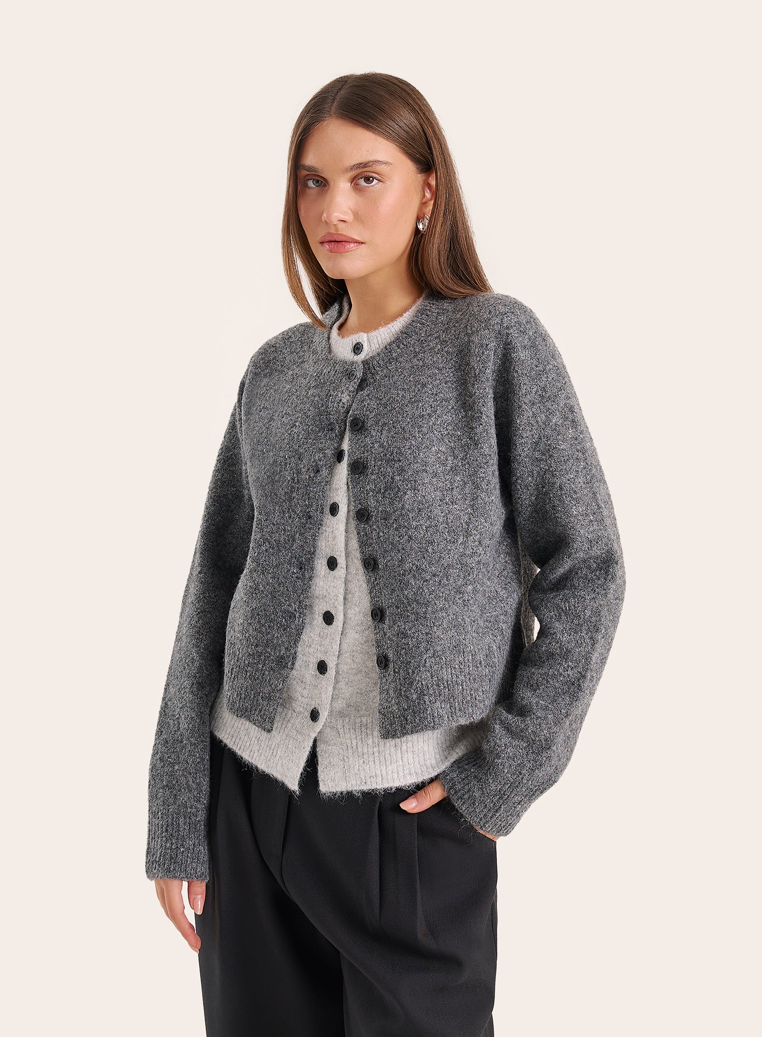 Dark Grey Double Layer Knitted Cardigan